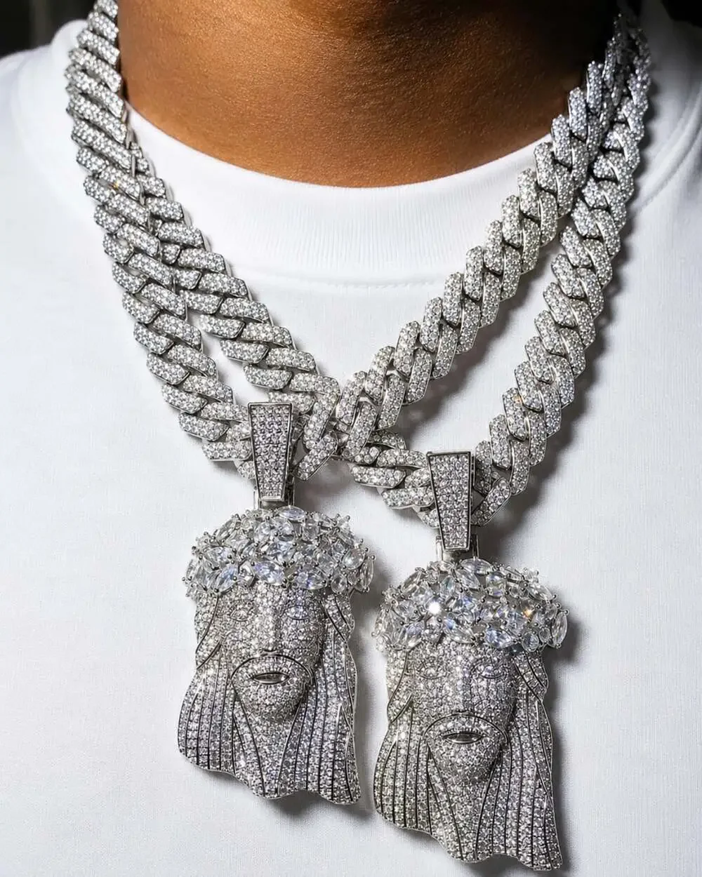 Iced Out Jesus Head Pendant with 22 inch Cuban Link Chain.